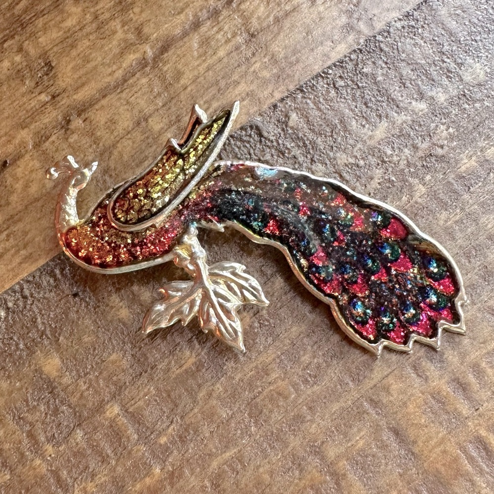 Vintage Bird Brooch Pin Glittering Peacock w/Leaf Red, Orange & Yellow Feathers - Picture 7 of 10